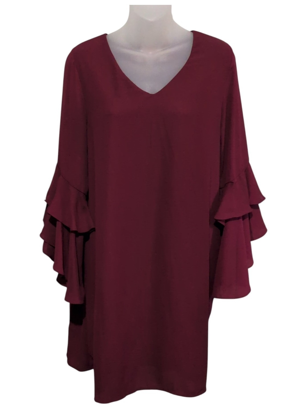 GB Burgundy Tiered Bell Sleeve Lined V‑Neck Dress L Romantic Chic Wedding Guest